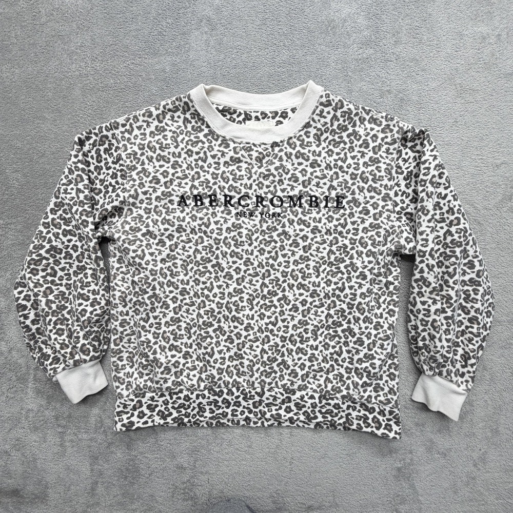 Abercrombie & Fitch Sweatshirt Womens M Gray Pullover Leopard Print Logo‎ A&F